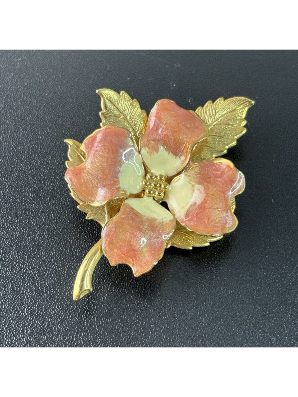 Vintage Gold Tone Floral Brooch Pin Peach Cream Enamel Flower 2.75"